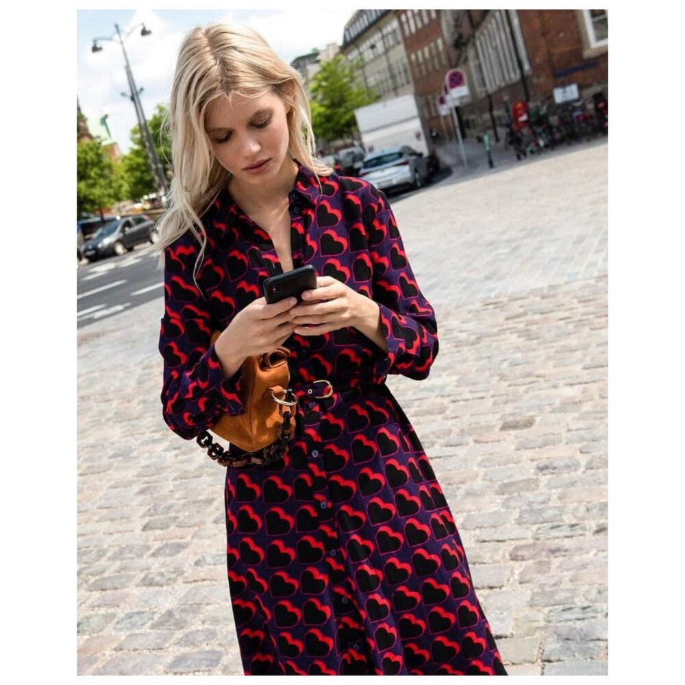 Anthropologie Black and Red Heart-Print Midi Dress